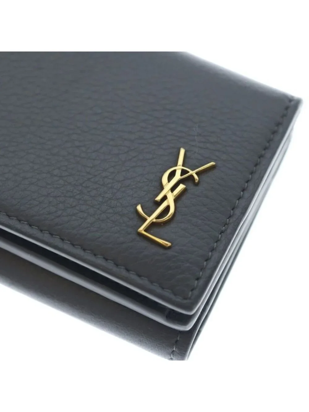 Saint Laurent Paris Trifold Wallet Compact Coin Purse Gray Leather Gold